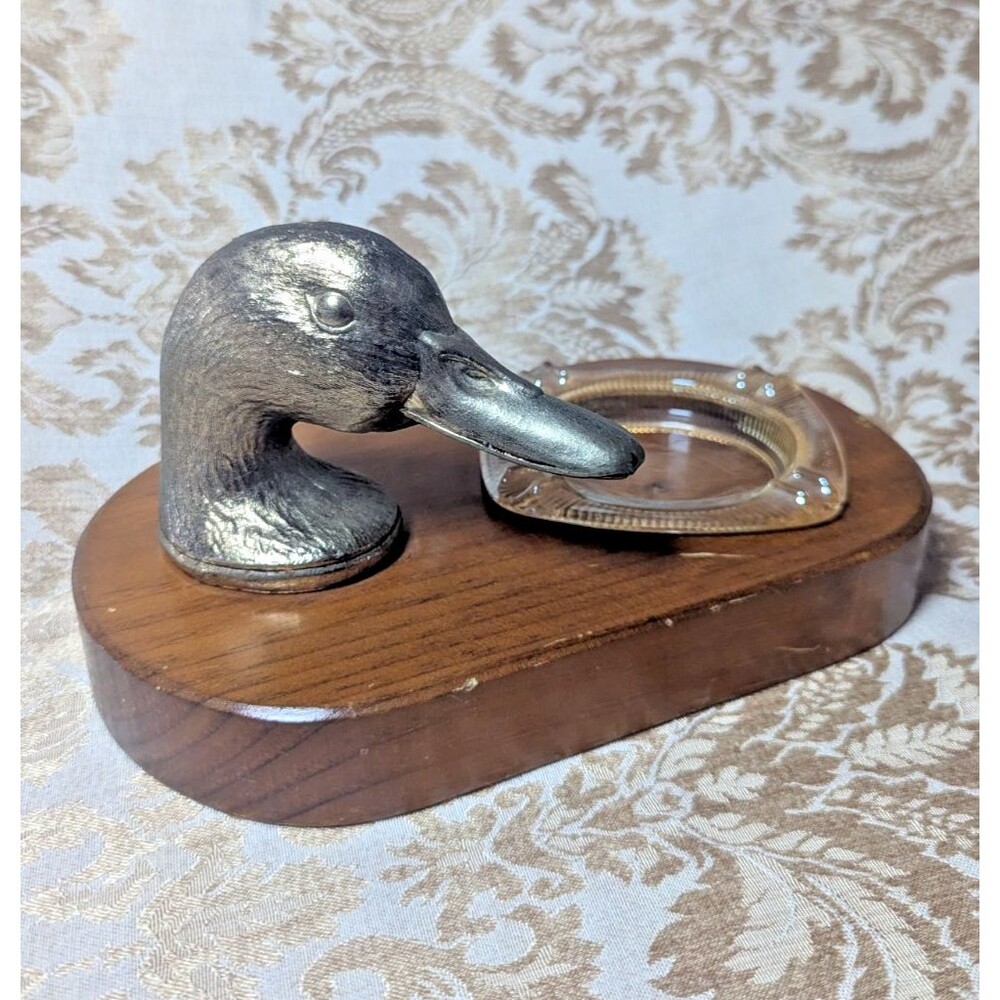 Mallard Duck Bronze-toned Metal on Wood Duck Clear Glass Ashtray Vintage Decor